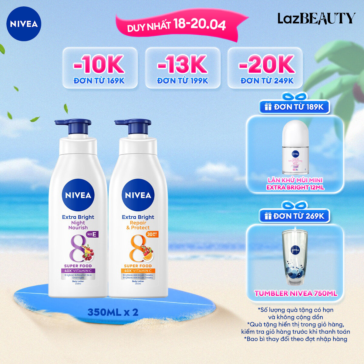 Bộ 2 Sữa Dưỡng Thể NIVEA Extra Bright Ngày Và Đêm Dưỡng Ẩm Sáng Da Phục Hồi Chống Nắng (350 ml) - 88311+98412