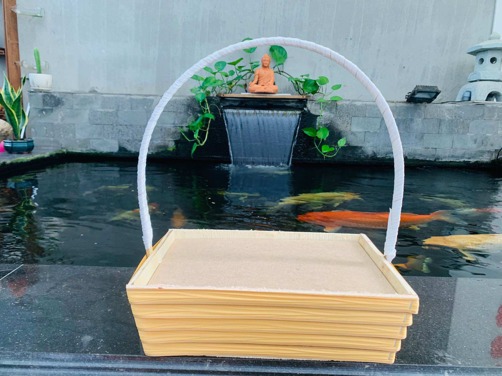 Giỏ khay đựng quà gỗ có quay viền nhựa, giỏ gói quà, khay giỏ quà tết, giỏ trái cây giá sỉ