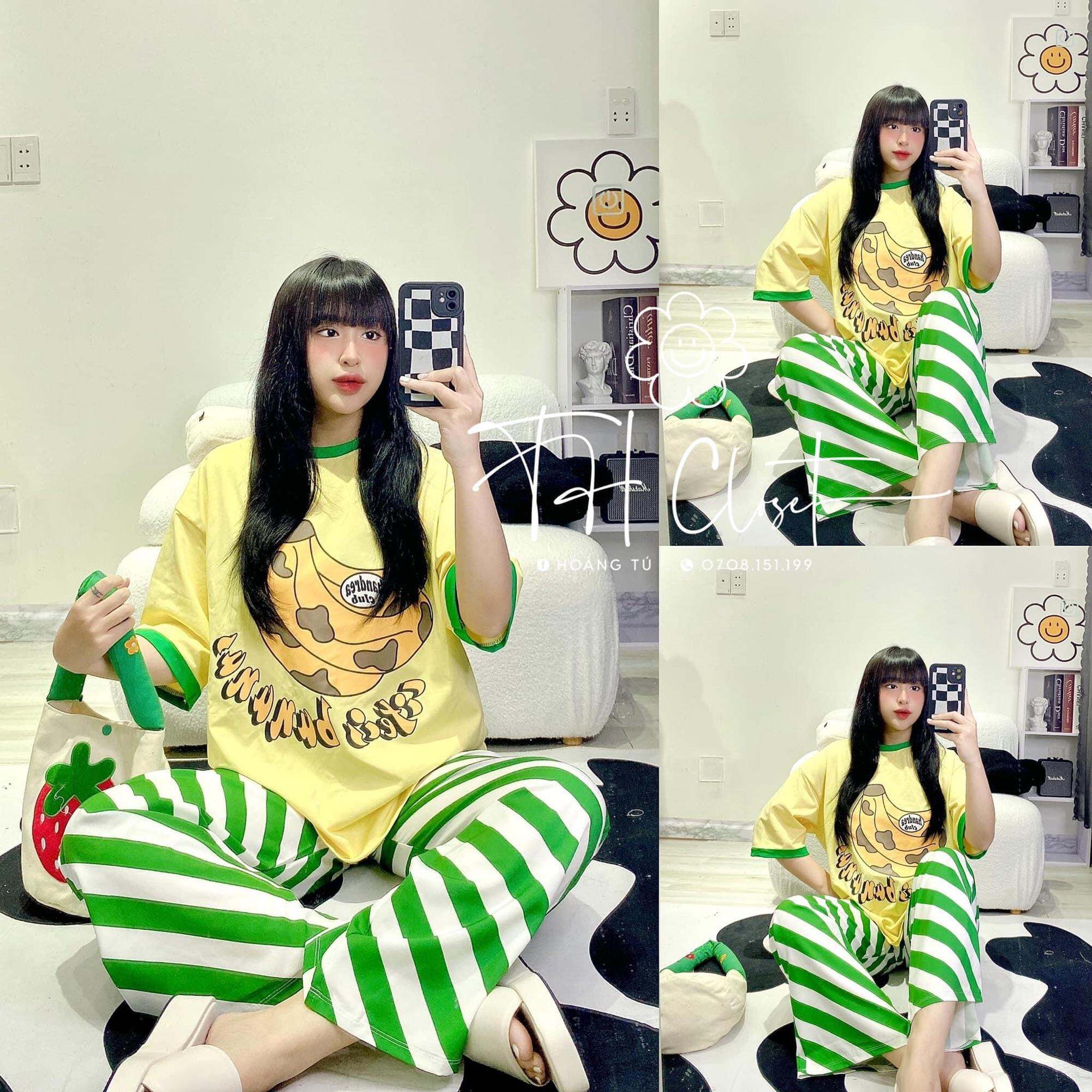 Set quả chuối viền quần suông sọc xanh xinh xắn