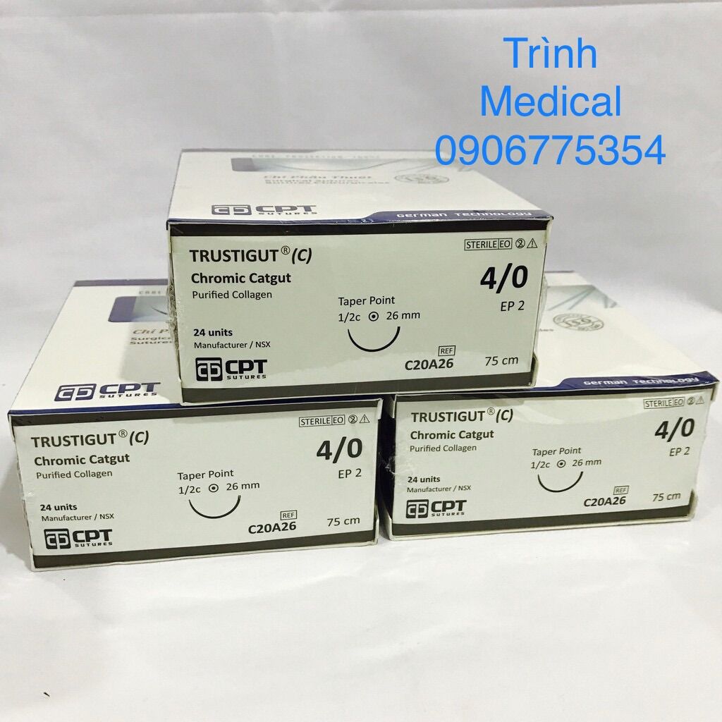 CHỈ PHẪU THUẬT TỰ TIÊU TAN CHẬM CPT TRUSTIGUT® (C) CHROMIC CATGUT số 4/0 - C20A26 (hộp 24 tép)