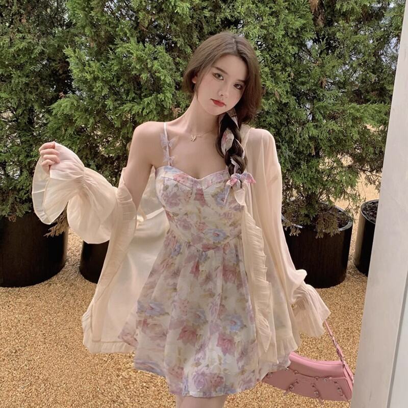 Áo Khoác Chống Nắng Vải Voan Mỏng Mùa Hè Cho Nữ Áo Khoác Cardigan Không Tay Cổ Chữ V Váy Ngắn Họa Ti