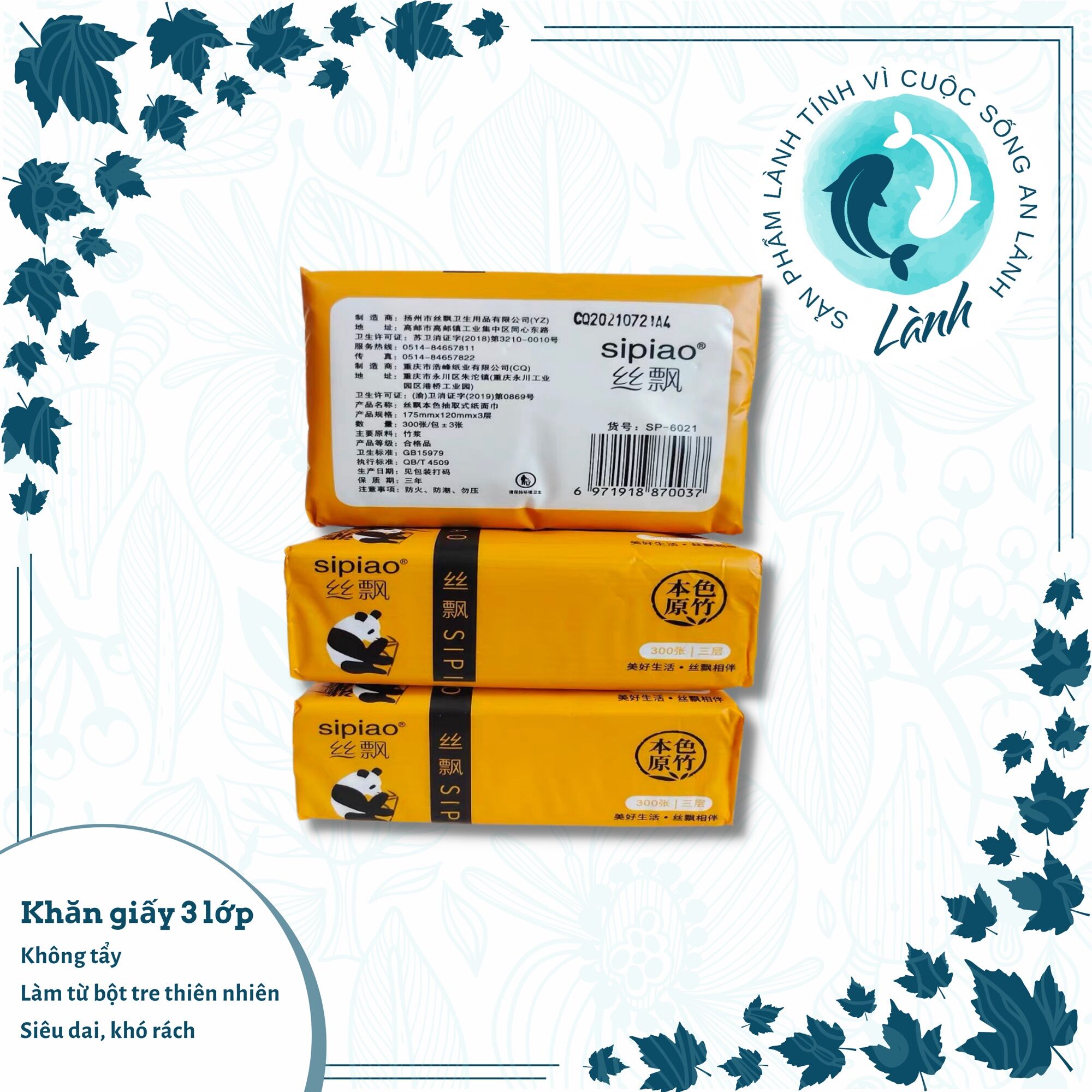 Khăn giấy Bột tre Không tẩy 3 lớp siêu dai Gấu Trúc Sipiao - Lành Shop