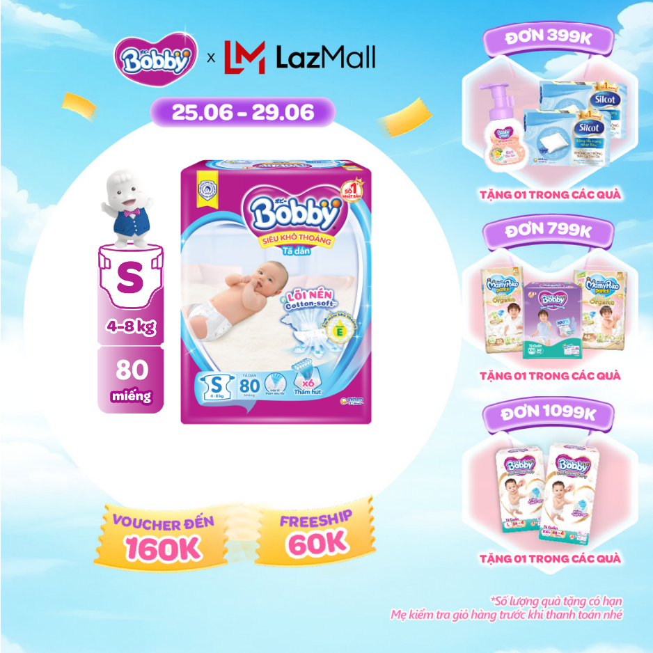 [SALE CUỐI THÁNG tặng QUÀ TO-SLCH]Tã dán sơ sinh Bobby S80 mới- Lõi nén thần kỳ 3mm