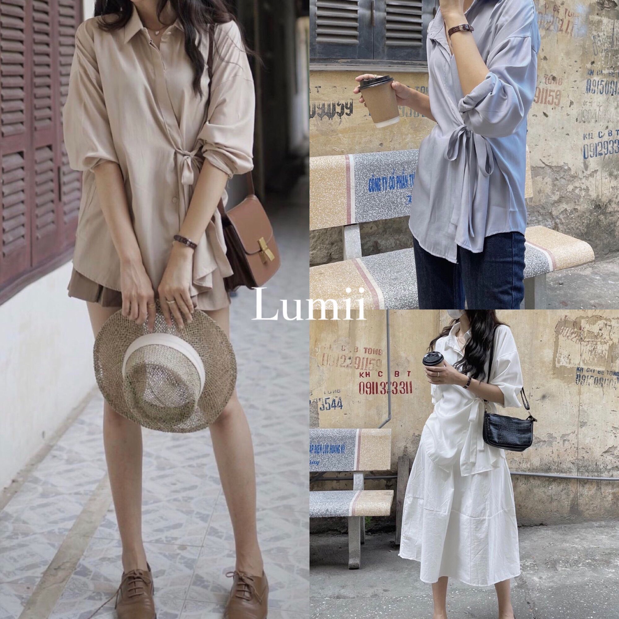 Áo sơ mi nữ trơn form rộng buộc dây eo lệch tôn dáng - Lumii