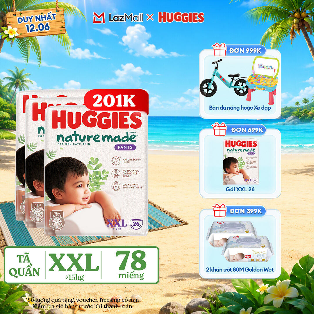 [Chỉ 22-24.06 QUÀ TẶNG ĐƠN 399K](Mua 1 tặng 1)  Combo 3 Tã/Bỉm quần HUGGIES PLATINUM NatureMade XXL26 (Trên 15kg)-Gói Jumbo 26 miếng