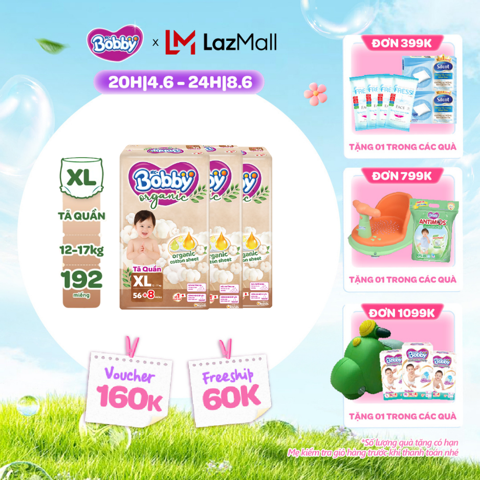 [QUÀ TẶNG HẤP DẪN TỪ 9-10.6][COMBO 3] [TẶNG KÈM 8 MIẾNG] Tã quần cao cấp Bobby Organic chăm sóc dịu nhẹ từ thiên nhiên XL56