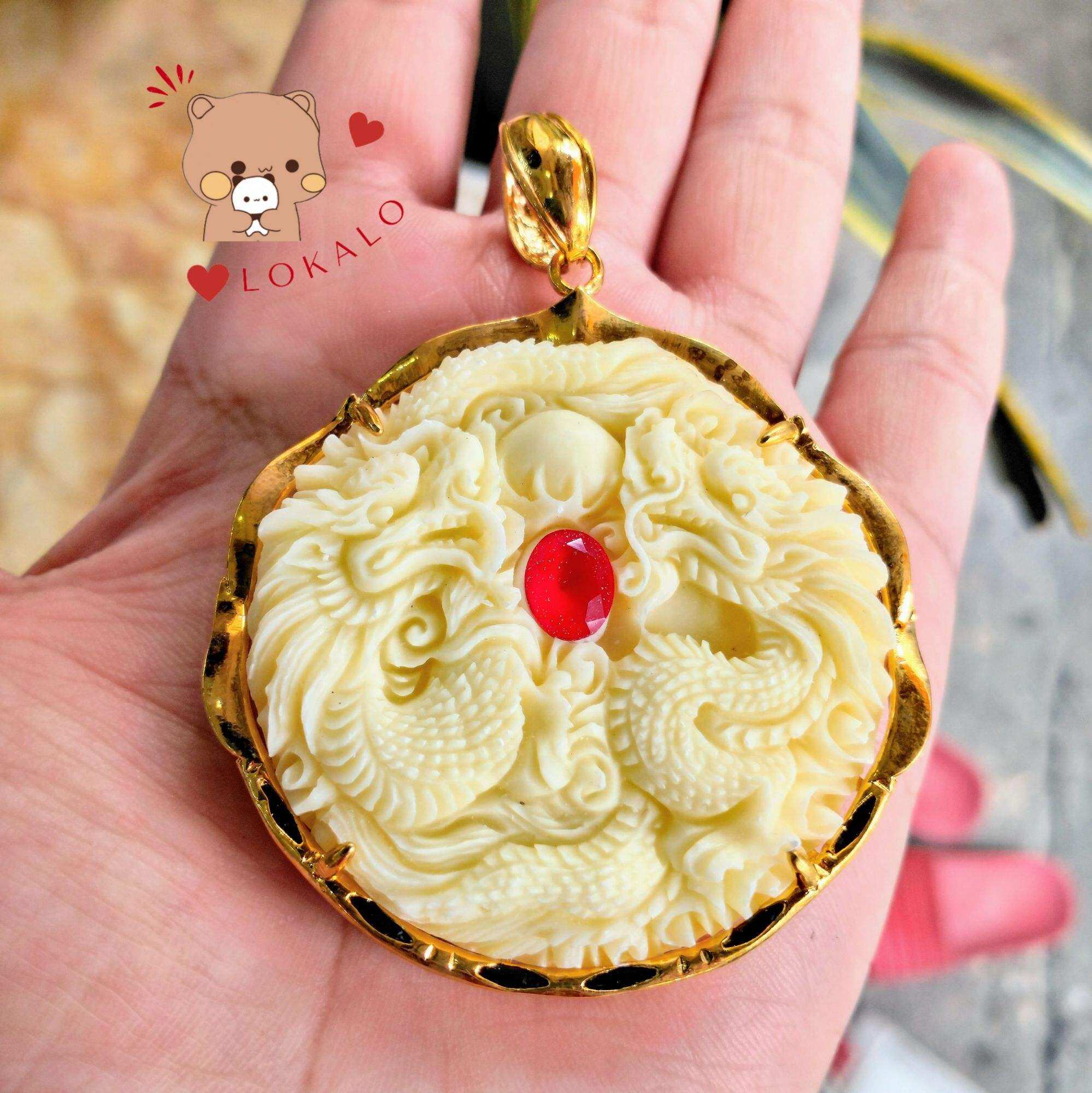 Mặt Dây Chuyền Rồng Nam Trái Ngà Song Long Ngọc Đỏ Mạ Cao Cấp - Đeo Phong Thủy Sang Như Đại Gia - Lokalo 22922