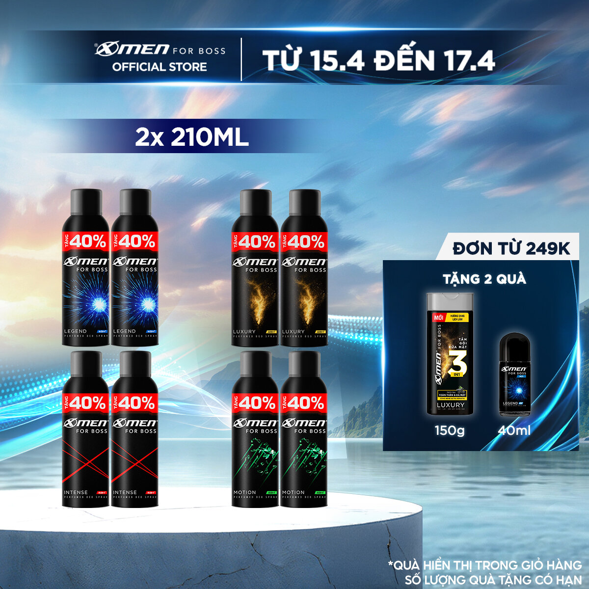 [ Tặng thêm 40% dung tích ] Combo 2 Xịt khử mùi X-Men For Boss Intense/ Luxury/Legend/Motion 210ml/chai - Hương nước hoa châu Âu