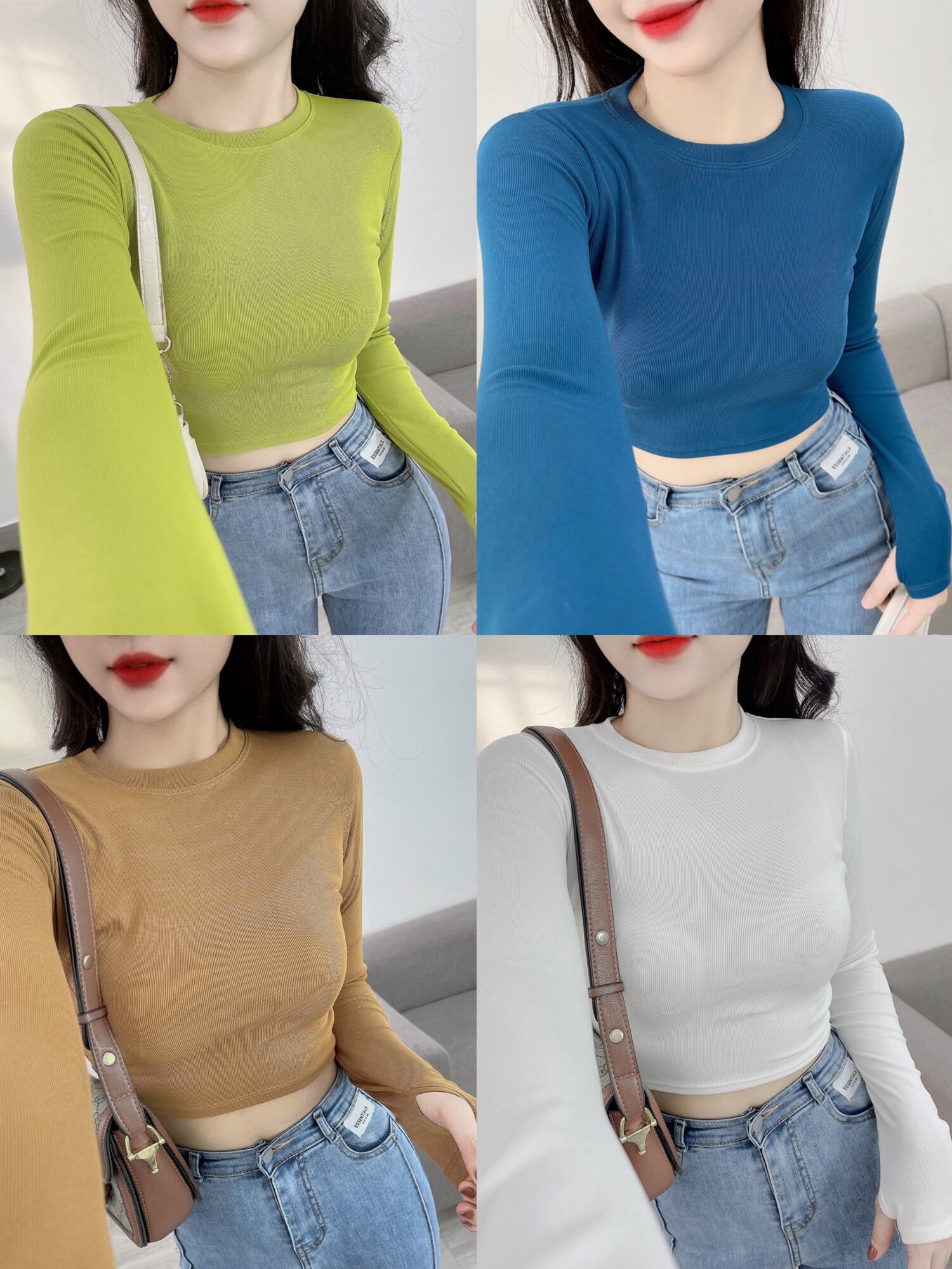 Áo thun dáng ôm nữ Croptop cổ tròn tay dài xỏ ngón ( tăm TD C.H )