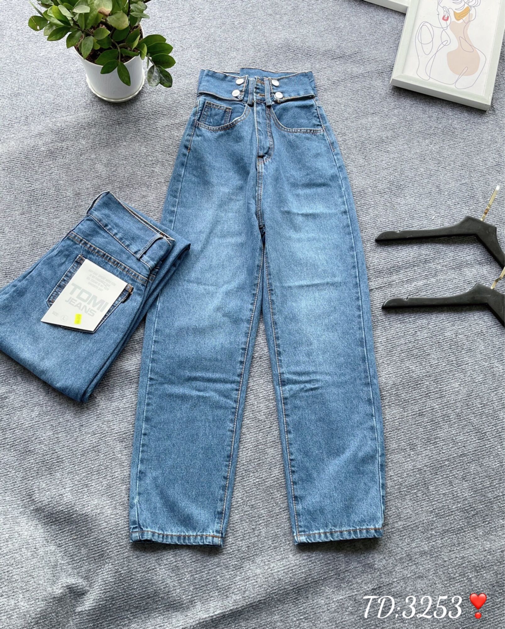 Baggy Jeans Lưng Cao 2 Nút Đai Nút