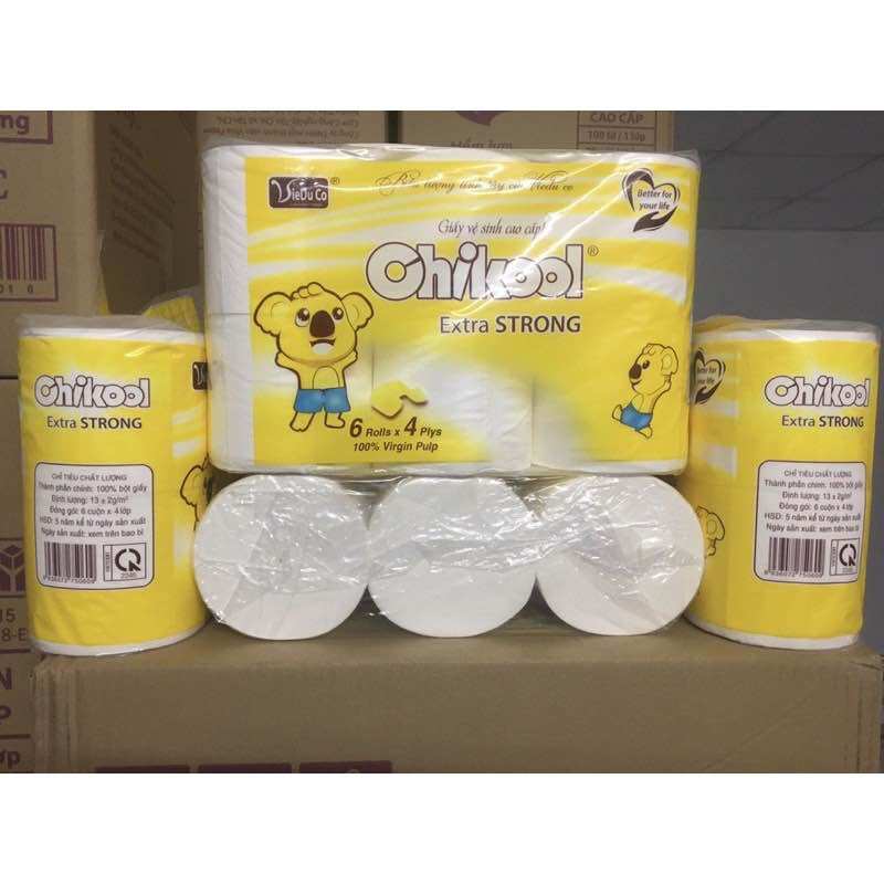 GIẤY 6 CUỘN KHÔNG LÕI CHIKOOL VÀNG EXTRA GIẤY LỤA 4 LỚP- MỀM MỊN VÀ DAI