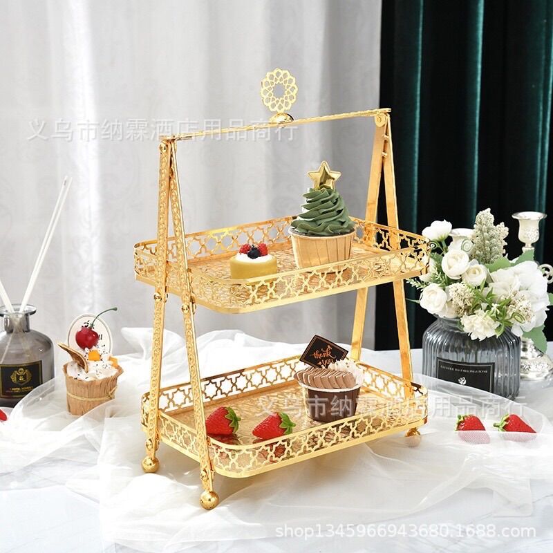 Khay bánh 2 tầng kim loại sang trọng , Khay đựng hoa quả mạ kim 2 tầng trang trí Huydecor