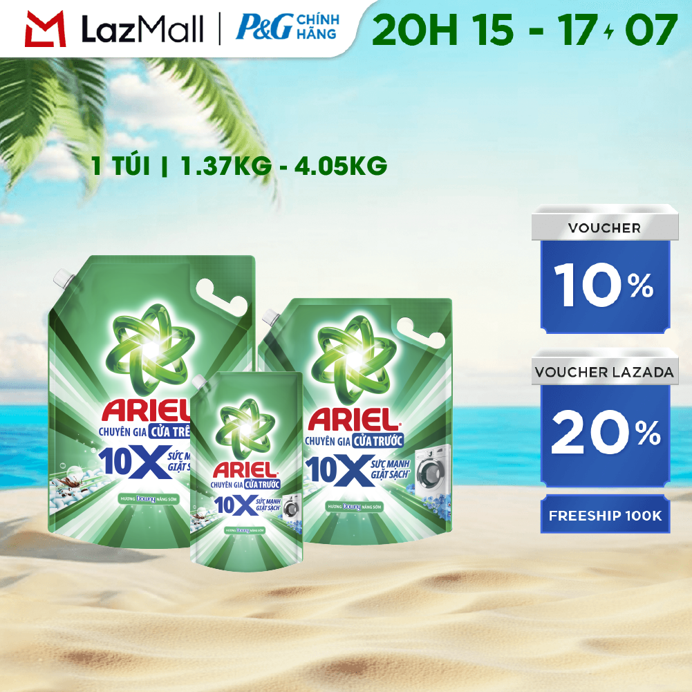 Nước Giặt Gel ARIEL 10X Sức Mạnh Giặt Sạch Chuyên Gia Cửa Trước - Cửa Trên Hương Downy Nắng Sớm Túi 1.37-4.05KG