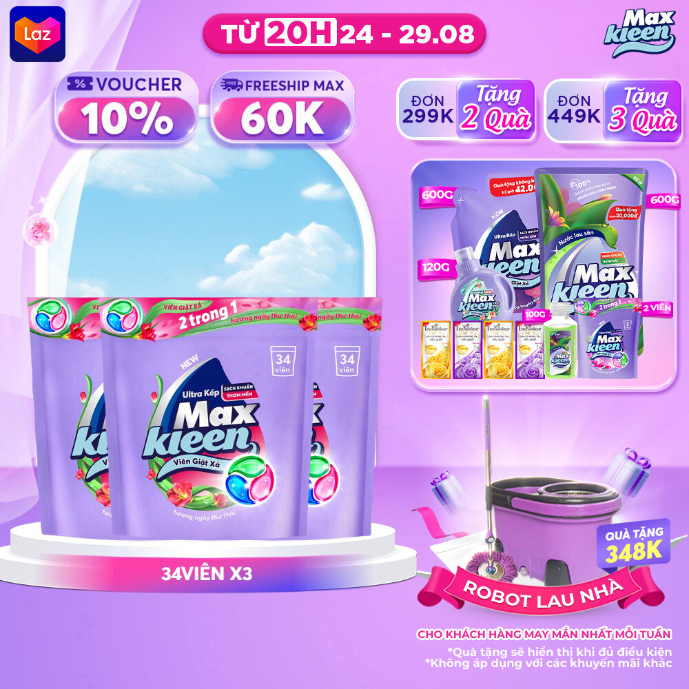 Combo 3 Túi viên giặt xả MaxKleen hương ngày thư thái (34 viên/túi)
