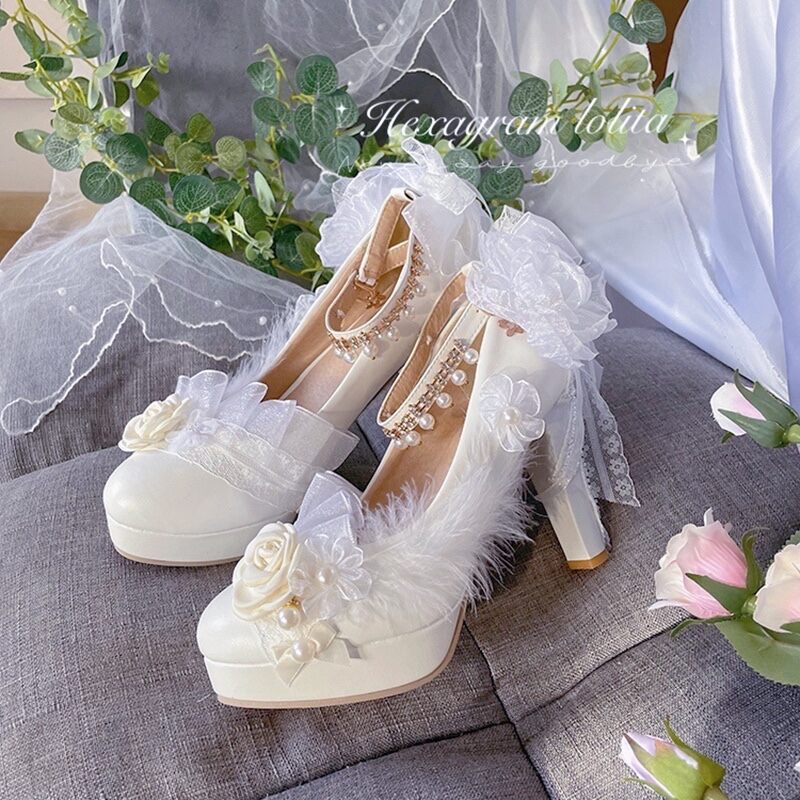 [Đám Cưới Hoa Trắng Tinh Khiết] Giày Cao Gót Thủ Công Lolita Tự Thiết Kế Ngôi Sao David Giày Lo Đầu Tròn Lông Vũ Nhỏ Giày Cưới Cô Dâu