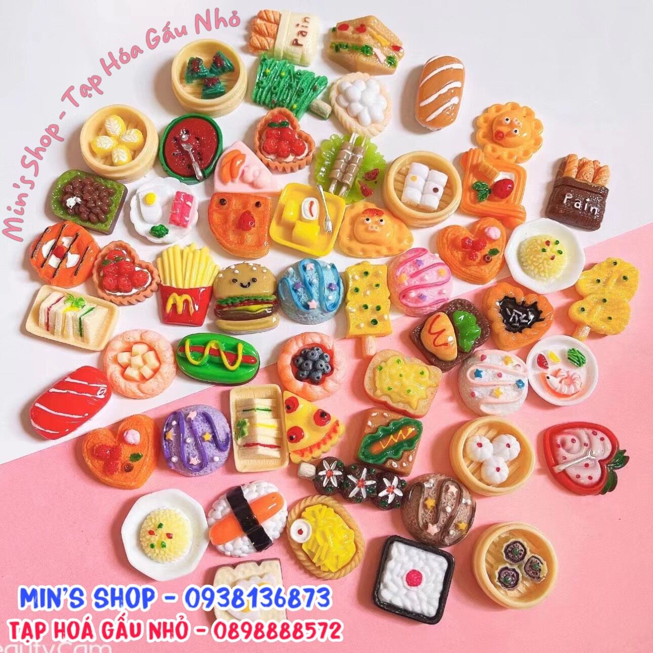 Set 100 charm thức ăn-dimsum siêu siêu đẹp dùng làm phụ kiện handmade dán ốp slime...