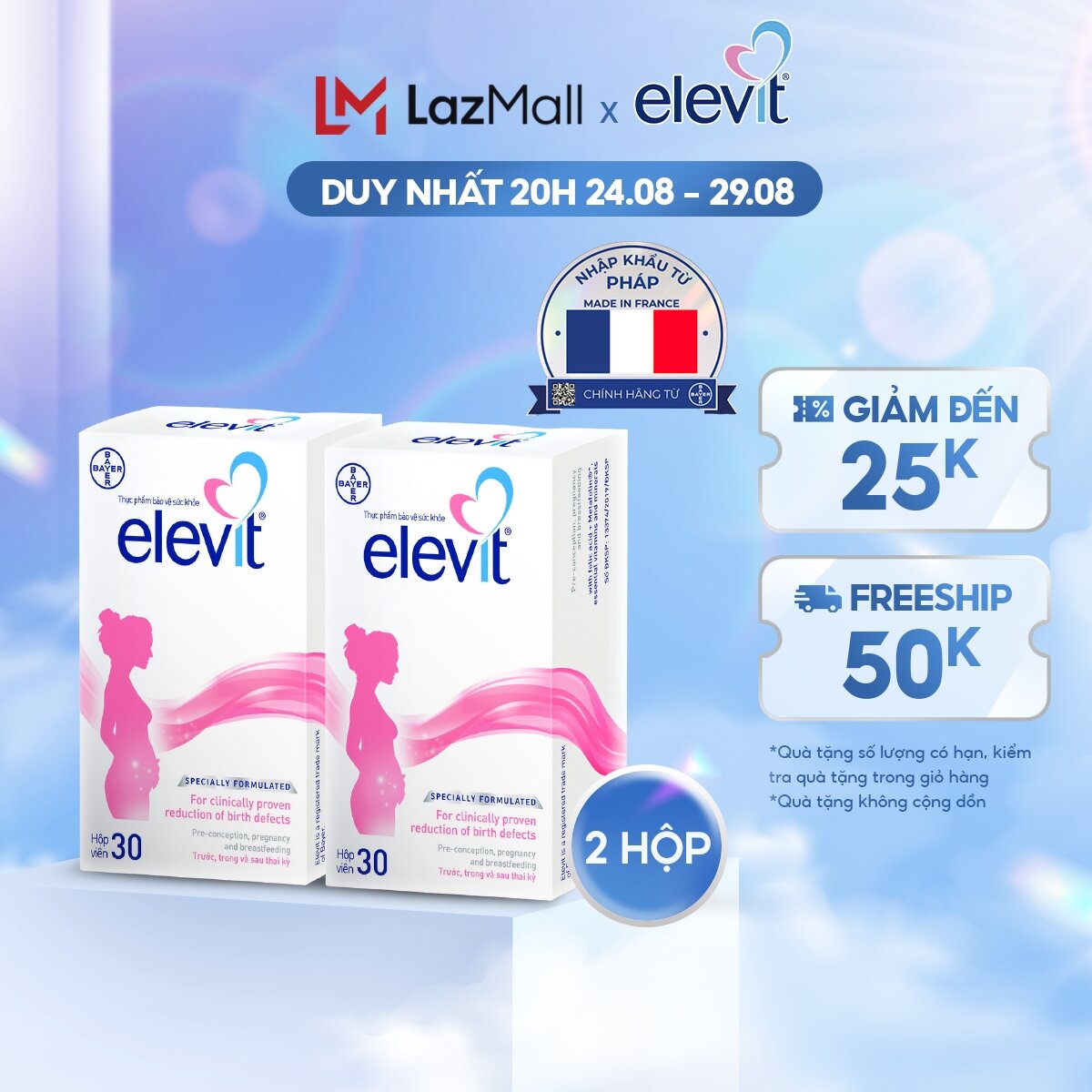 Bộ 2 hộp vitamin bầu tổng hợp elevit cho phụ nữ trước, trong và sau thai kỳ