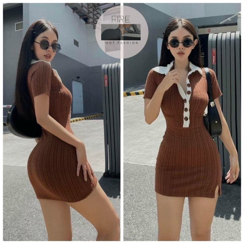 ĐẦM THUN GÂN PHỐI NÚT CỔ TRẮNG TVN00