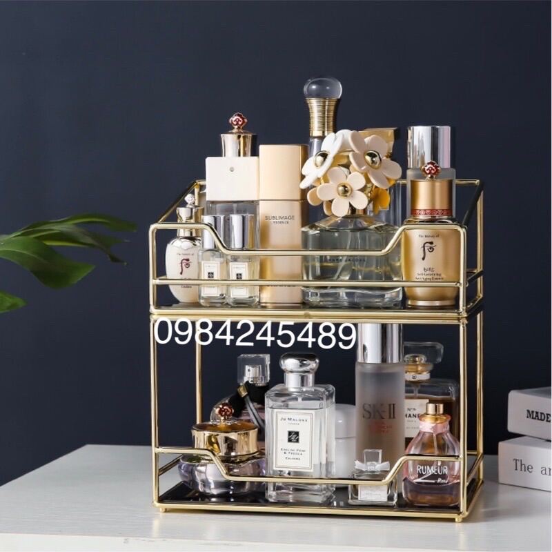 Khay Mỹ Phẩm Gold 2 Tầng Chữ Nhật