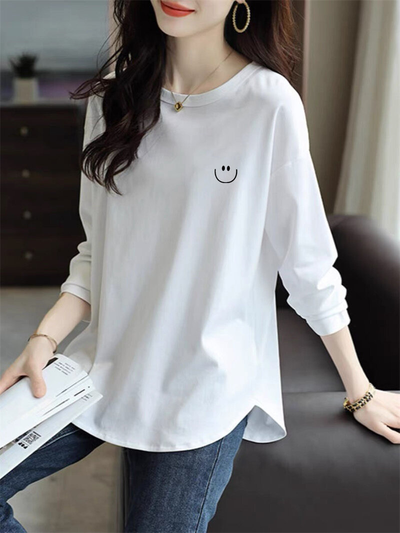 Áo Phông Dài Tay Màu Đen Hàng Châu Âu Áo Mặc Trong 2023 Cotton Lông Mịn Phối Trong Mẫu Dài Vừa Rộng Rãi Mùa Thu Đông Cho Nữ