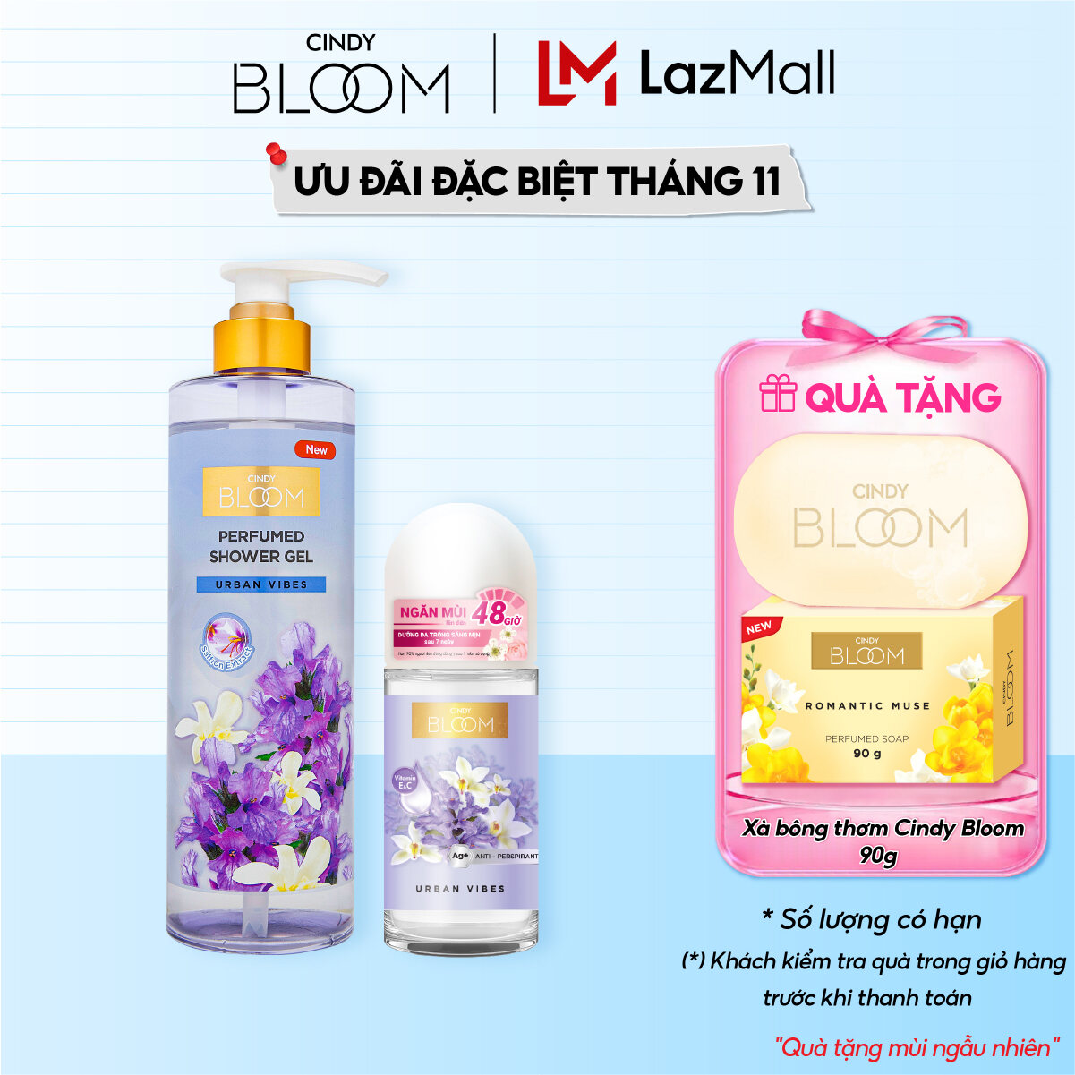 Combo Sữa tắm + Lăn khử mùi Cindy Bloom Urban Vibes hương tự tin cuốn hút 640g + 50ml