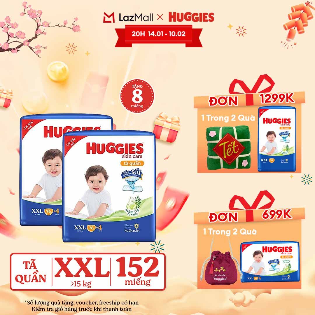[CHỈ 15.01-10.02 GIẢM THÊM 90K]  Combo 2 Gói Tã/bỉm quần HUGGIES SKINCARE MEGA JUMBO size XXL76+4 miếng