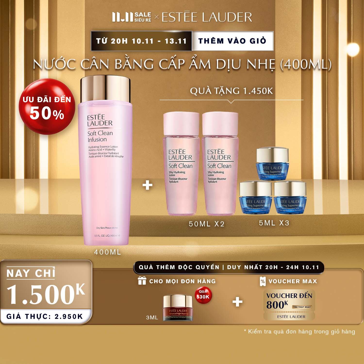 [ĐỘC QUYỀN 11.11] Nước cân bằng cấp ẩm Estee Lauder Soft Clean Infusion Hydrating Essence Lotion wit