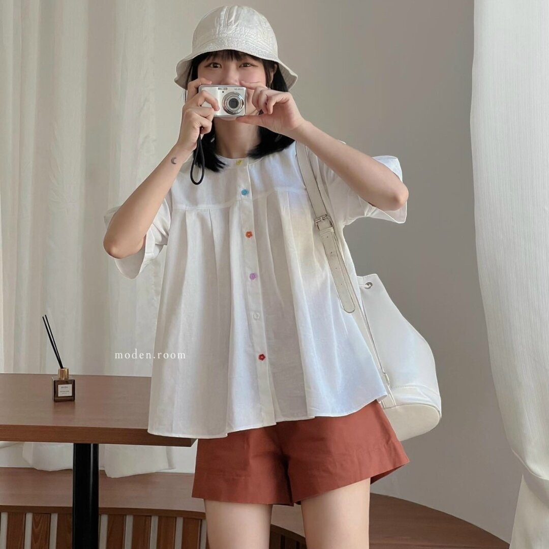 Áo babydoll trắng cúc hoa vintage hàn quốc