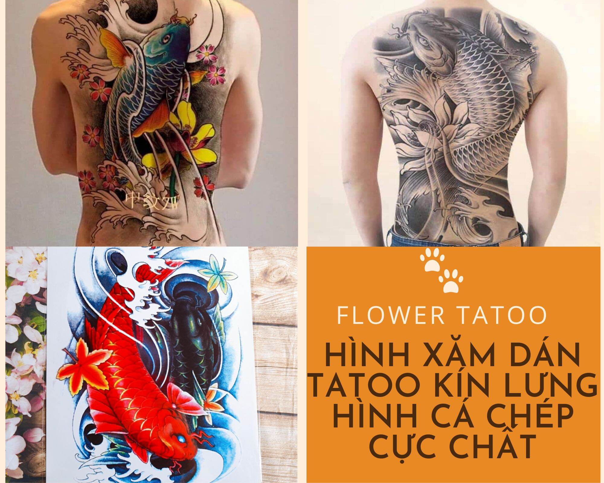 Hình xăm dán tatoo, miếng dán hình cá chép kín lưng cho nam nữ cực chất kích thước 34 x 48 cm
