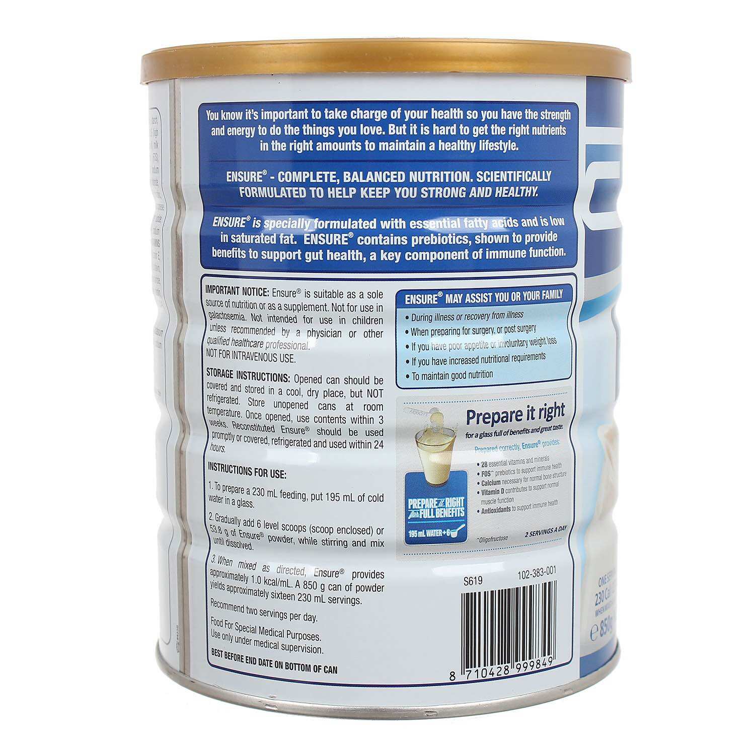 Sữa bột ensure ÚC hương vanilla hộp 850g