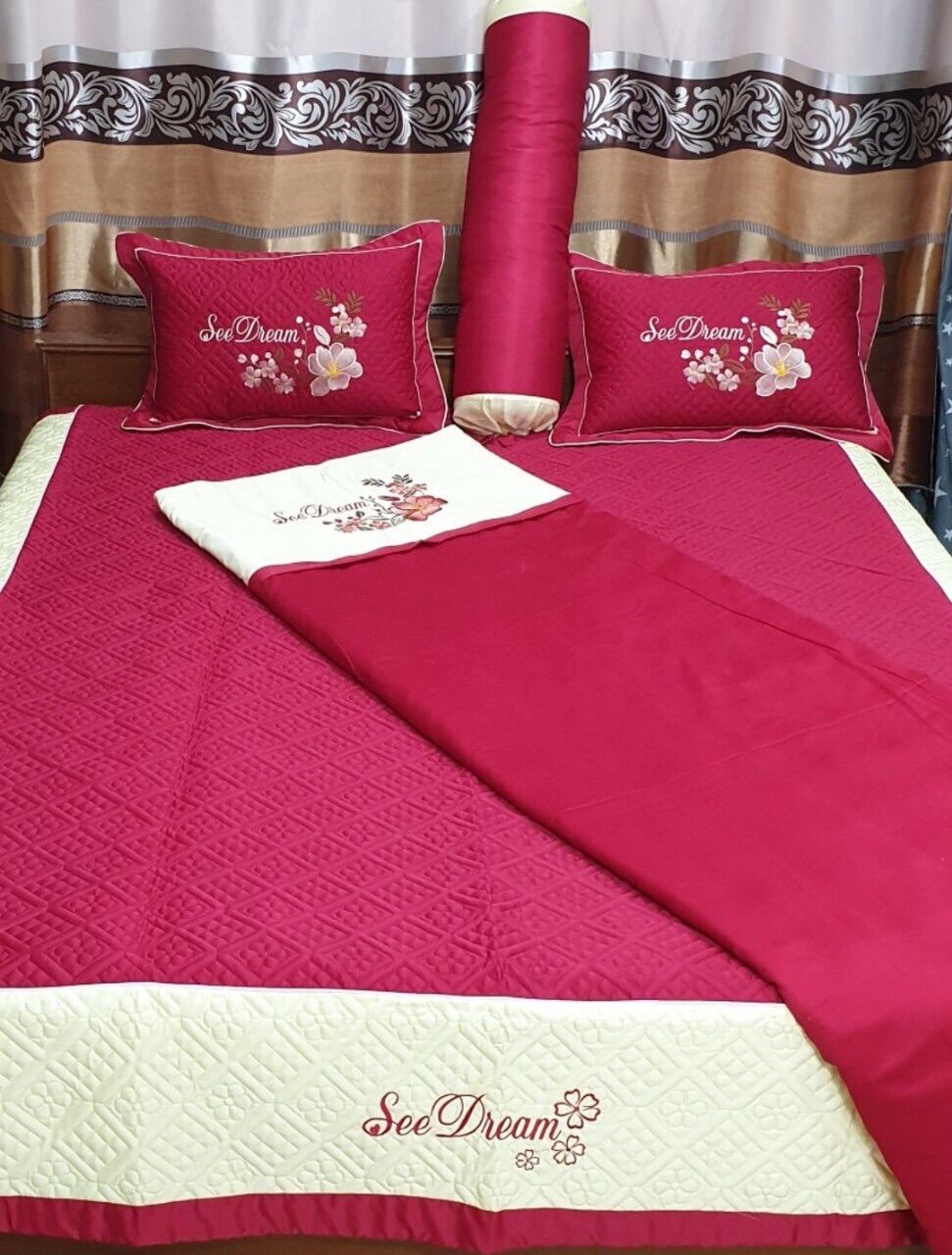 Bộ Chăn Ga Gối SaTin 5 Món Cao Cấp( 1 Chăn, 1 Drap, 2 Vỏ Gối Nằm, 1 Vỏ Gối Ôm)