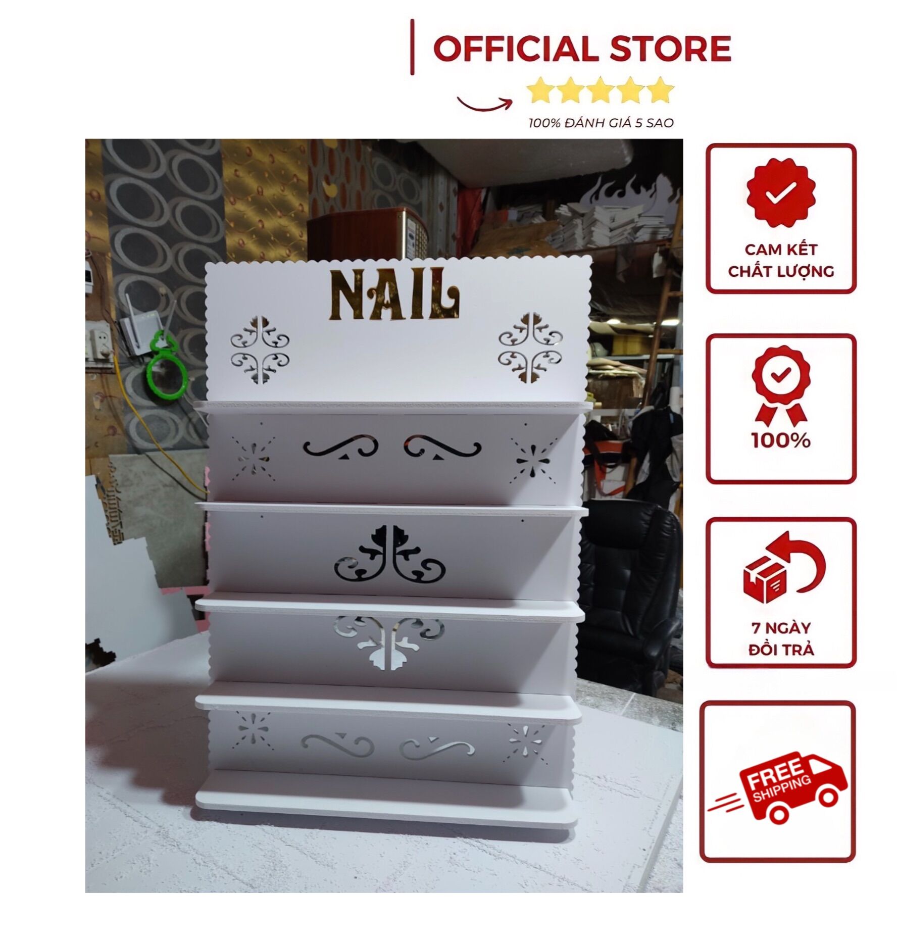 Kệ để sơn nail khắc chữ nail vàng siêu chắc chắn