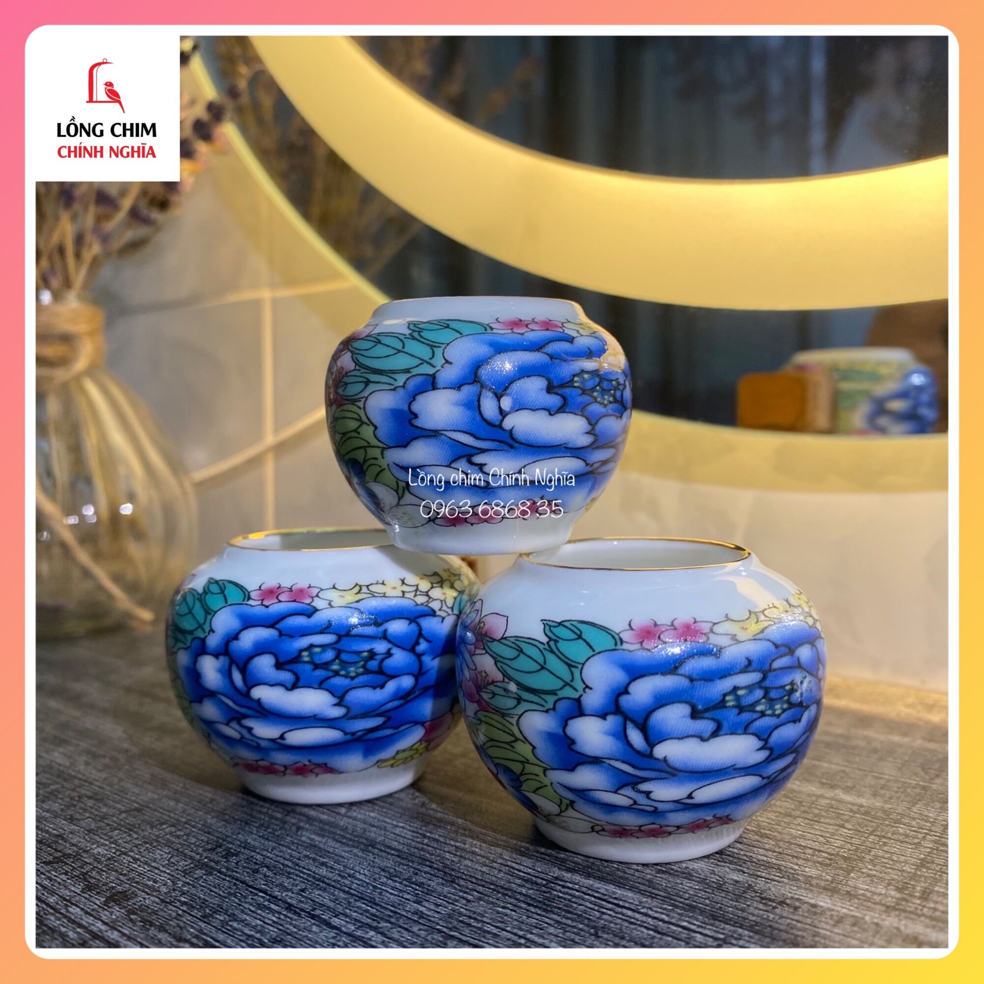 Cóng sứ decal, tai tre tàu cao cấp cho chào mào, choè than, choè lửa - phụ kiện lồng chim cao cấp