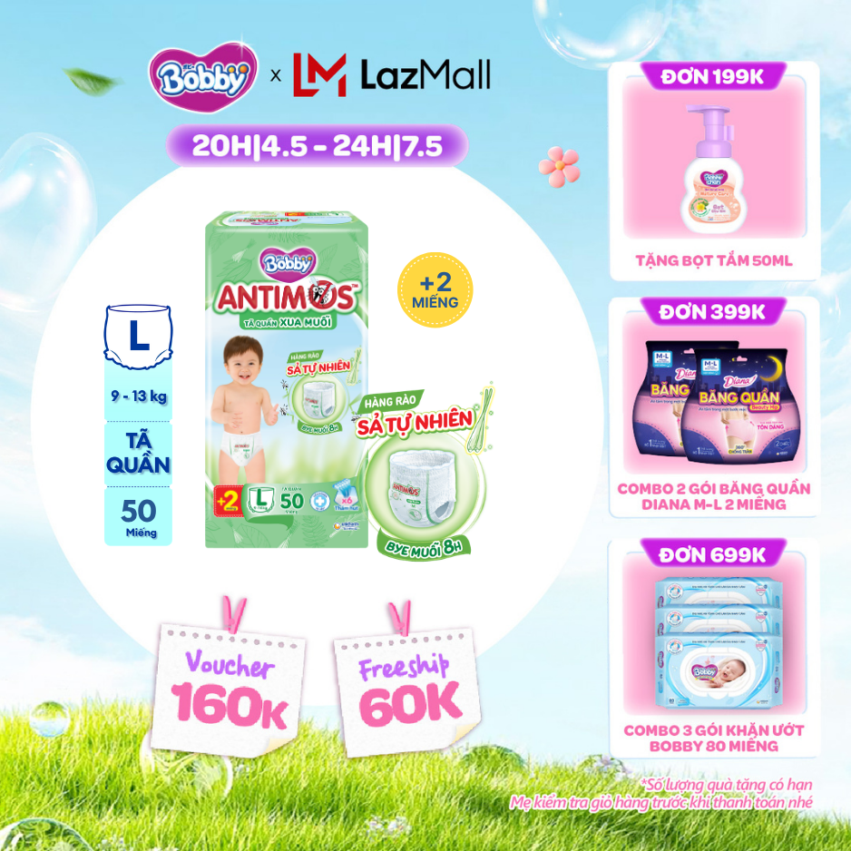 [CHỈ 20h 04-07.05 QT Đơn 899K/1199K][TẶNG KÈM 2 MIẾNG] Tã Quần Xua Muỗi Bobby Antimos – Hàng rào Sả tự nhiên Bye Muỗi 8H - Size L 50 miếng