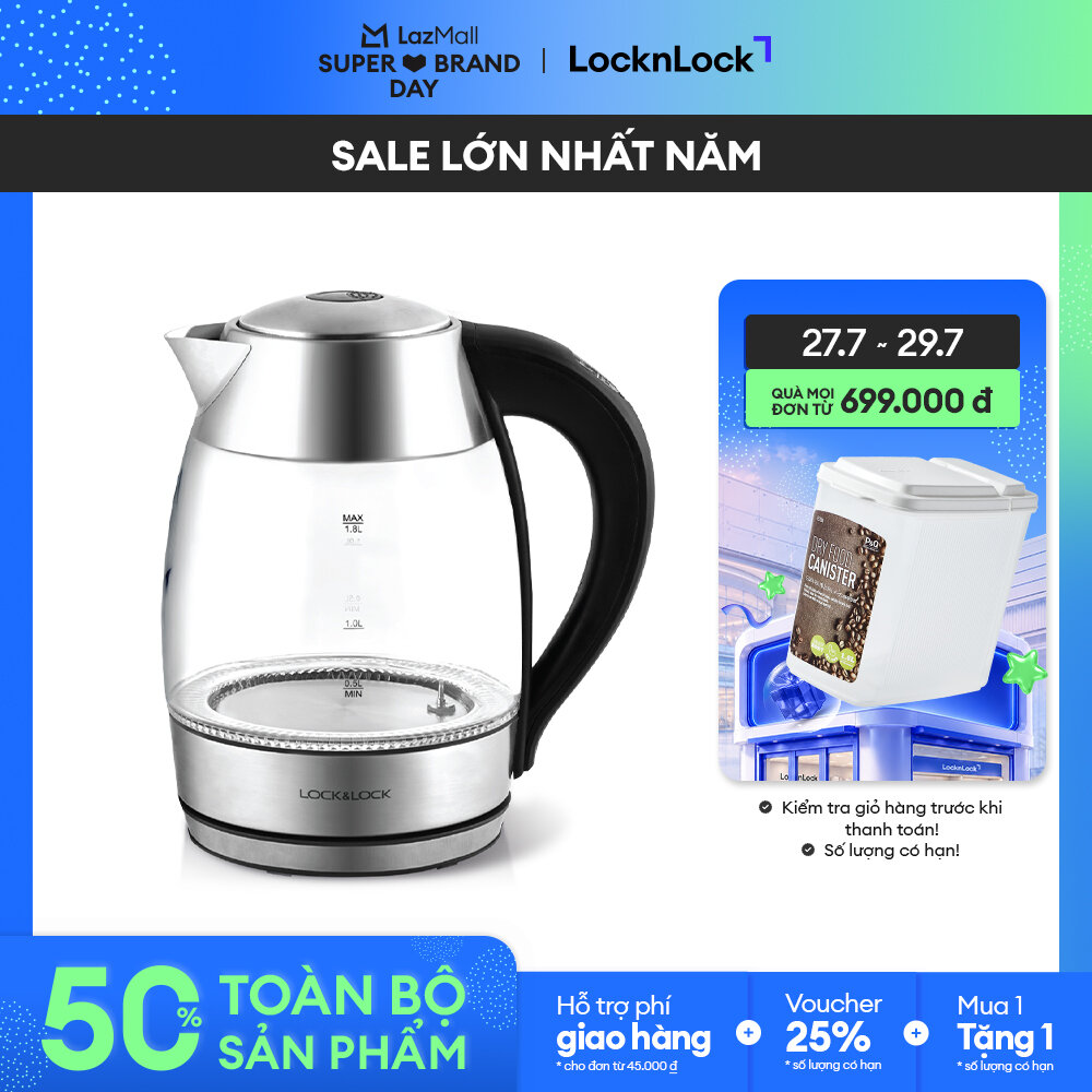 Ejk341 - ấm đun nước siêu tốc thủy tinh lock&lock 1.8l, tùy chỉnh đun 4 mức nhiệt - hàng chính hãng - bảo hành 2 năm