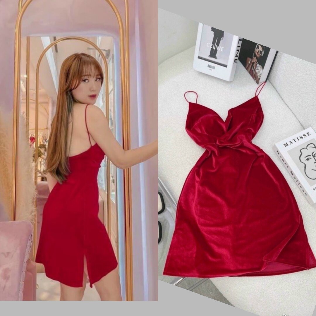 Đầm Nhung 2 Dây Bún Ngắn Xẻ Tà