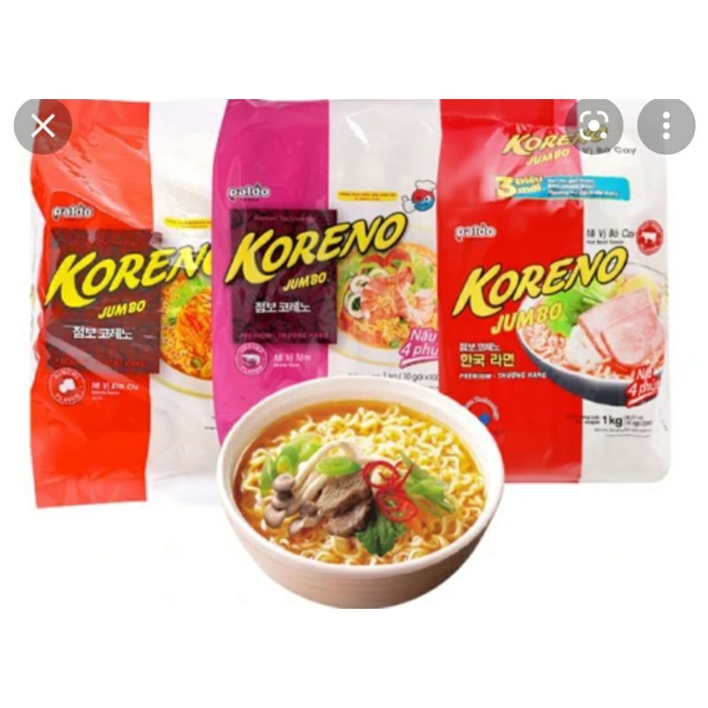 Mì Jumbo Koreno vị bò, gà, Tôm, kim chi