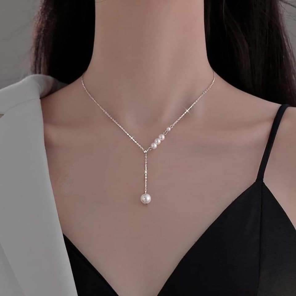 Vòng cổ dây chuyền ngọc trai nuôi tự nhiên mix dây bạc sang trọng, thanh lịch
