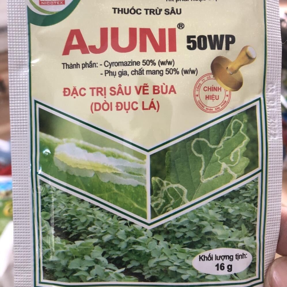 Thuốc trừ sâu vẽ bùa , dòi đục lá Ajuni 50wp 16g. Dùng cho các loại cây trồng, hoa cây cảnh, rau màu, ăn trái