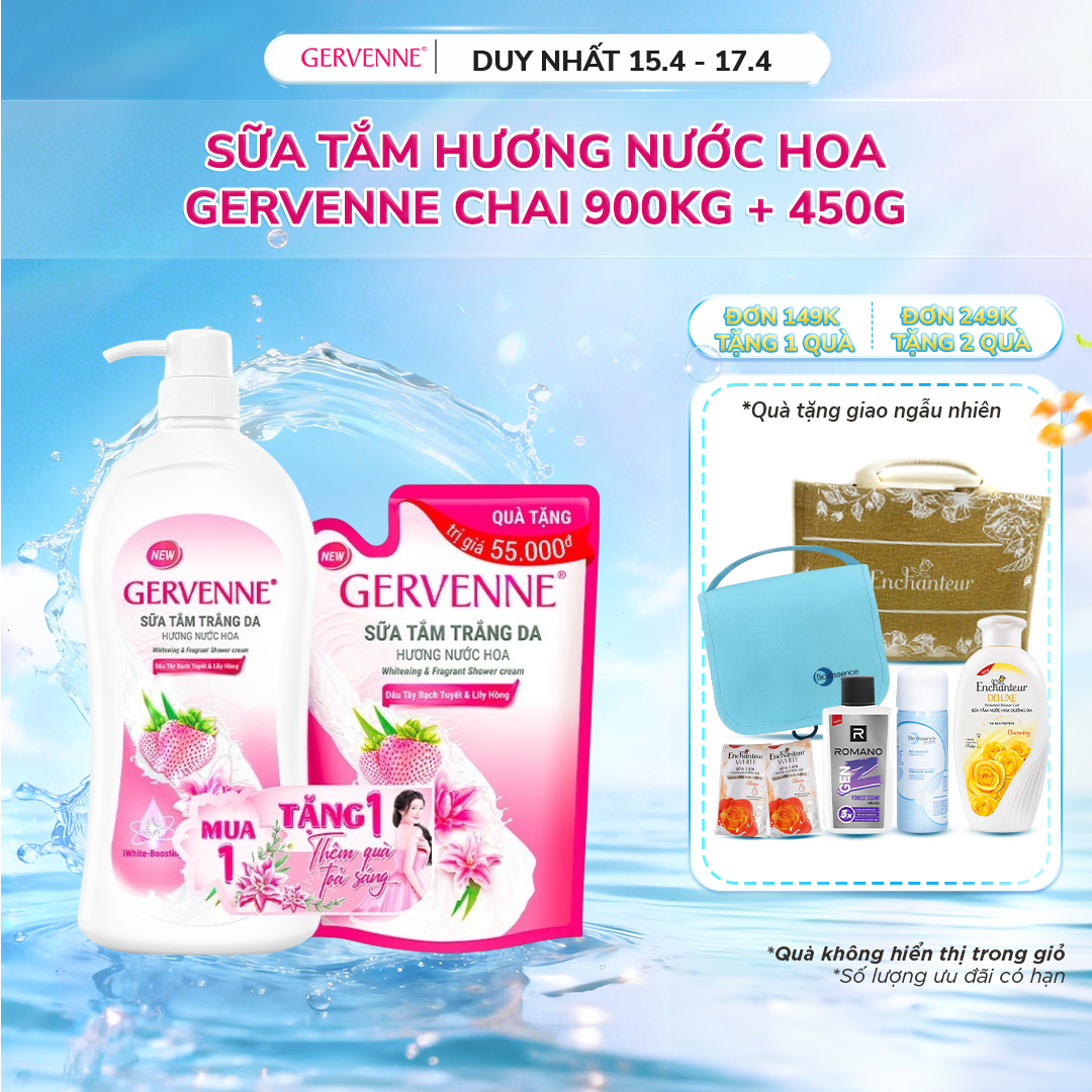 Sữa tắm trắng da hương nước hoa Dâu Tây Bạch Tuyết  Lily Hồng Gervenne 900g + Tặng sữa tắm 450g