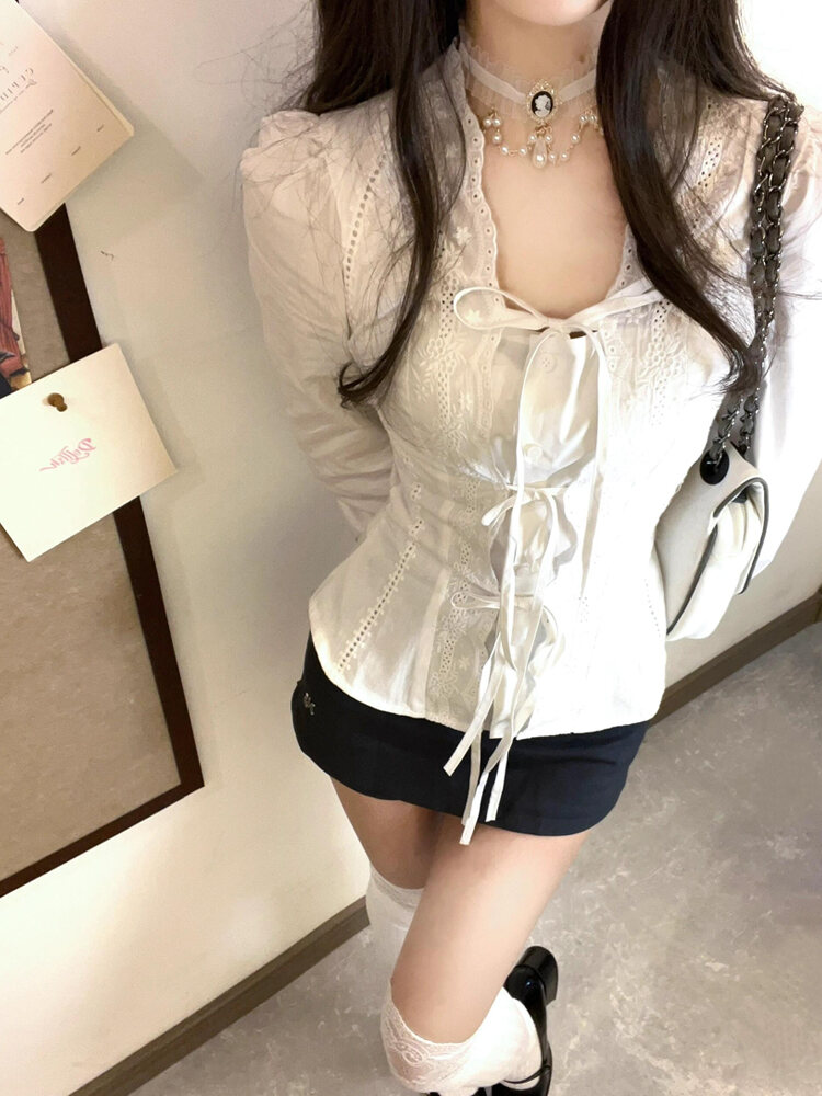 Áo Sơ Mi Trắng Viền Ren Thanh Lịch Cho Nữ Mùa Thu Đông Thiết Kế Thắt Nơ Bướm Tinh Tế Áo Lót Dài Thườ