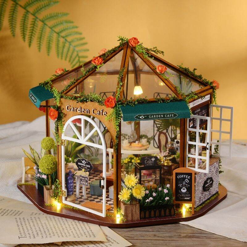 Kèm mica và keo dán - mô hình nhà gỗ lắp ráp búp bê diy - gd001 garden coffee
