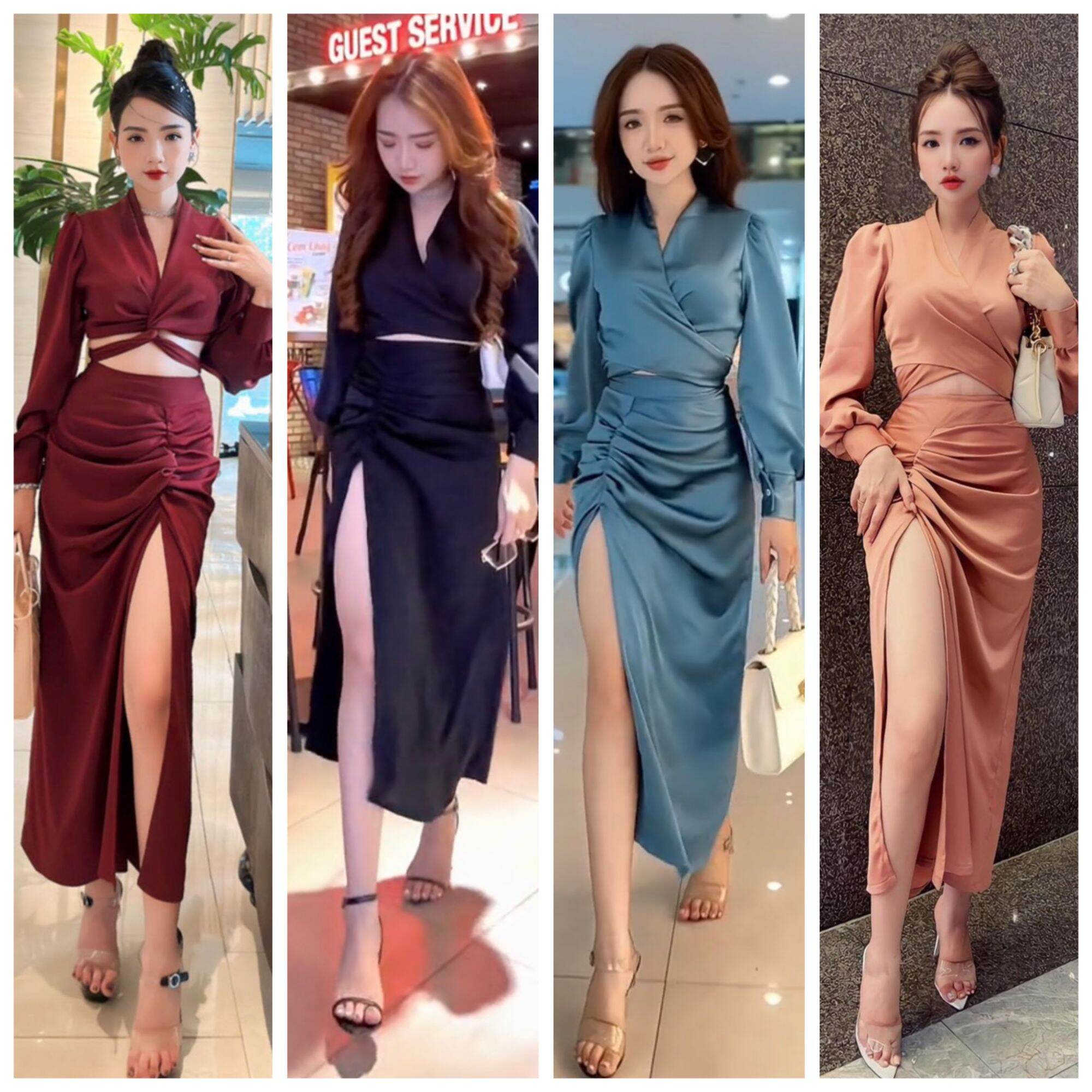 Sét Áo Thắt Dây Chéo Eo Kèm Chân Váy Xẻ Tà Sang Chảnh, Chất Phi Thái Cực Đẹp, 5 Màu Đen Đỏ Cam Xanh Trắng - mẫu HOT siêu sang quý phái
