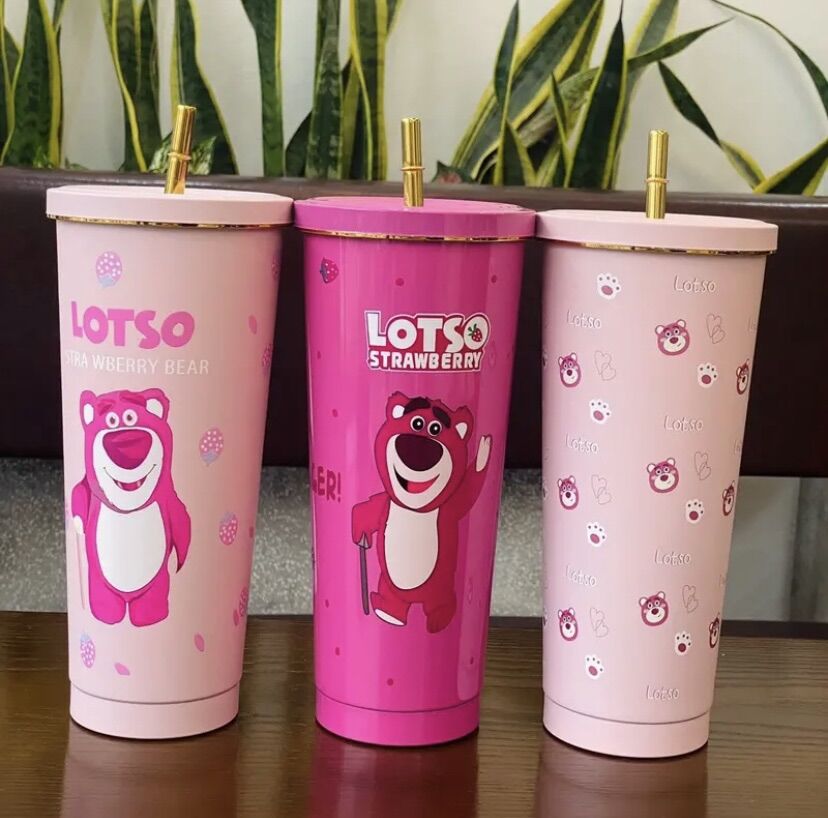 Bình giữ nhiệt gấu hống freeshiply nước gấu dâu - cốc giữ nhiệt gấu lotso hồng kèm ống hút