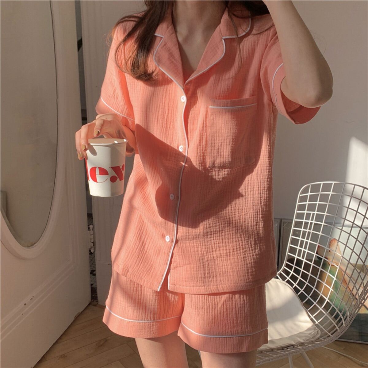 Set đồ bộ đồ ngủ nữ mặc nhà Pijama vải xô muslin màu cam hồng đào