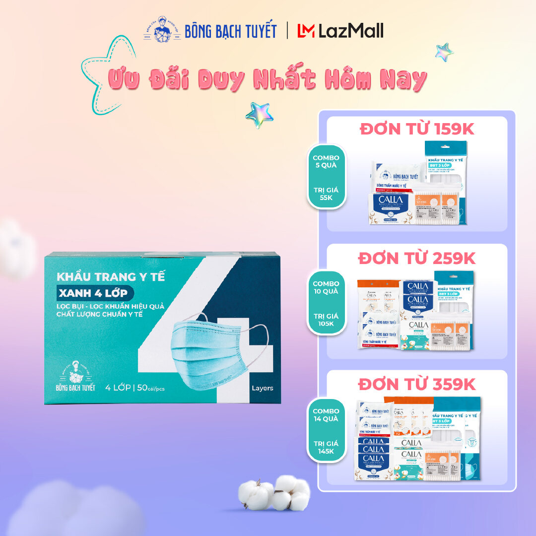 Khẩu trang Bông Bạch Tuyết 4 lớp xanh (50 cái/hộp)