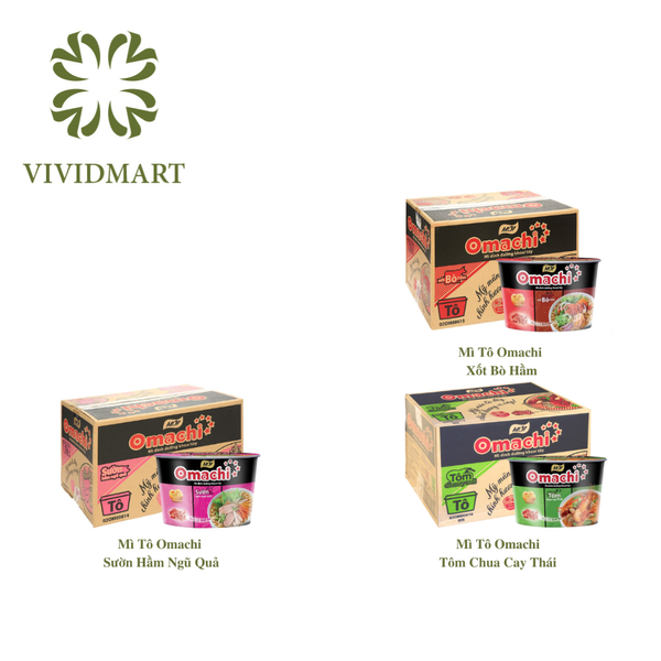 [THÙNG 18 TÔ] - MASAN - Mì Omachi tô 3 vị: Sốt/ Xốt Bò Hầm, Sườn Hầm Ngũ Quả, Tôm Chua Cay - (90-93g/tô) - Mì khoai tây ăn liền, Mì ăn liền healthy, Mì khoai tây Omachi