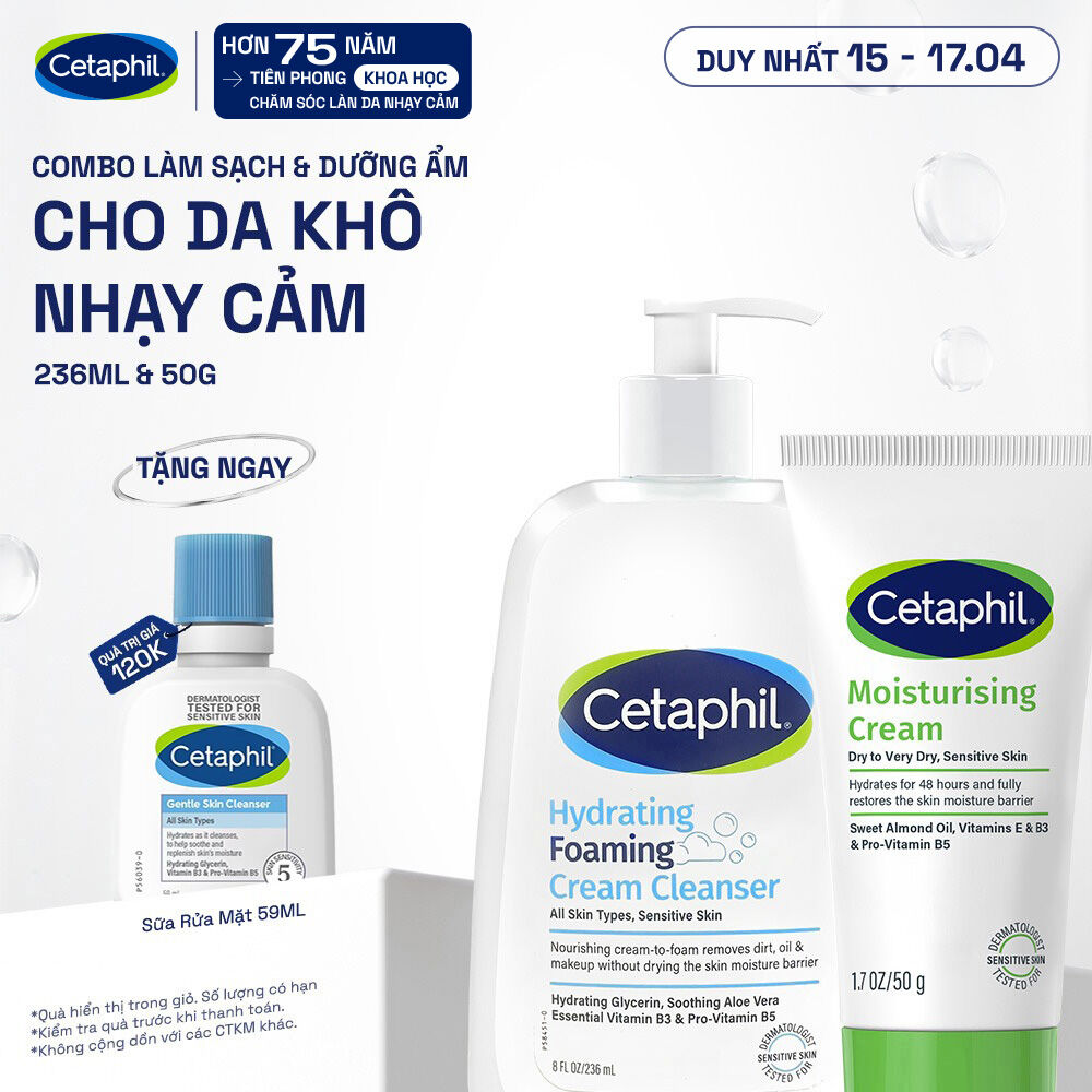 Combo Sữa Rửa Mặt Tạo Bọt Cetaphil Hydrating Foaming Cream Cleanser 236ml + Kem dưỡng ẩm CETAPHIL MOISTURISING CREAM 50G