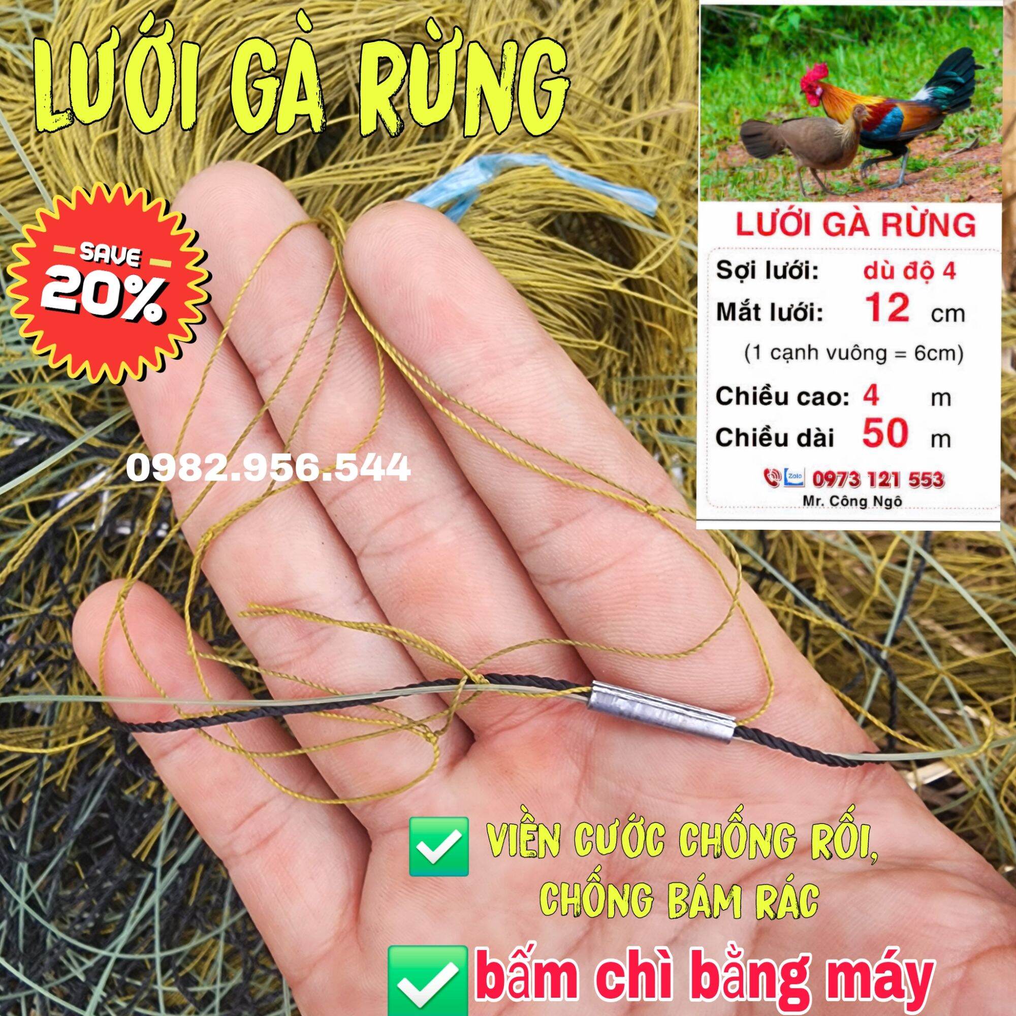 50m lưới gà rừng kẹp chì bằng máy. chống rối, chống bám rác