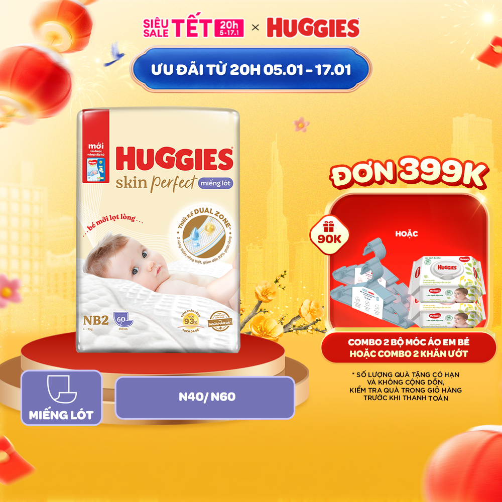 Miếng lót sơ sinh Huggies Skin Perfect NB2 40/60 Miếng với 2 Vùng Thấm Giảm Kích Ứng Da